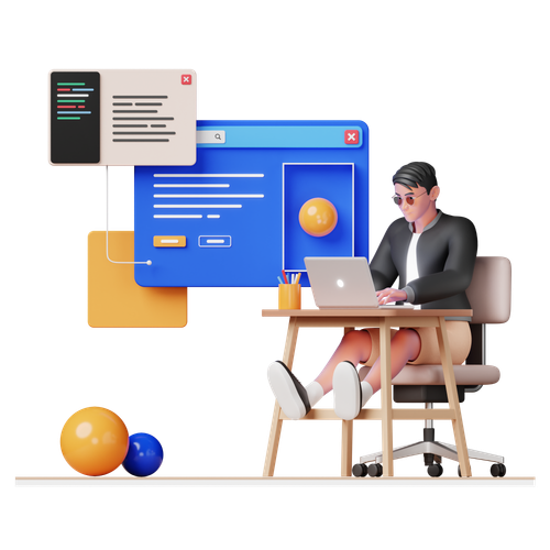 Illustration of a woman sitting at a desk working on a laptop with floating digital windows and colorful spheres around her.