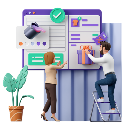 Illustration of two people, a woman and a man, decorating an online shopping webpage on a large screen with gift boxes, a T-shirt, and notification icons. The woman is standing beside the screen, pointing at it, while the man is standing on a ladder, placing a gift box on the webpage. There is a potted plant nearby.