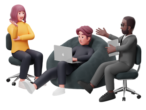 Three animated characters in a discussion: a woman in a yellow sweater sitting on a chair, a man with a beard and glasses in a gray suit seated on a rolling chair, and another person with short hair using a laptop on a bean bag.