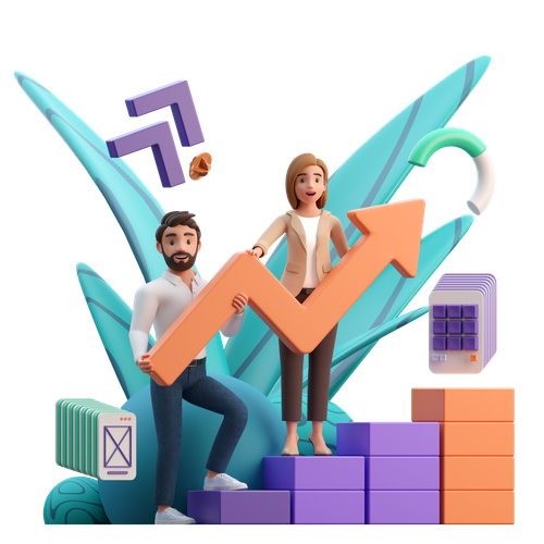 Two animated characters, a man and a woman, holding a large upward-trending arrow, surrounded by gears, charts, and bar graphs symbolizing growth and progress.