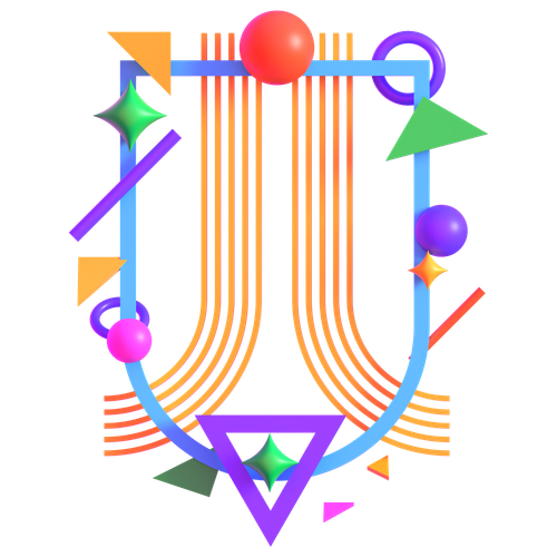 Colorful abstract 3D geometric shapes forming a symmetrical composition with spheres, triangles, and curved lines in bright colors.