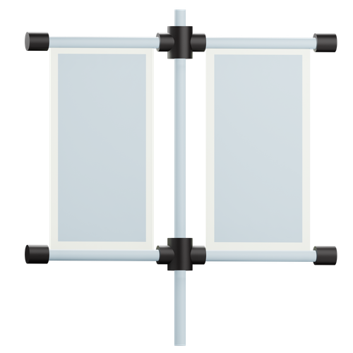 A double-sided vertical banner stand with two blank white posters, supported by a black metal frame.