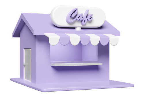 A pastel purple cafe kiosk with a striped canopy and a sign that says 'Cafe' on top.