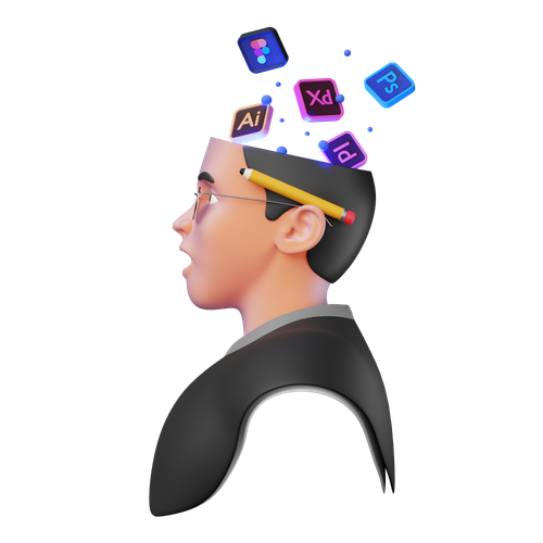 Digital illustration of a person in profile with various app icons, including Adobe AI, XD, and Photoshop, floating above their head.