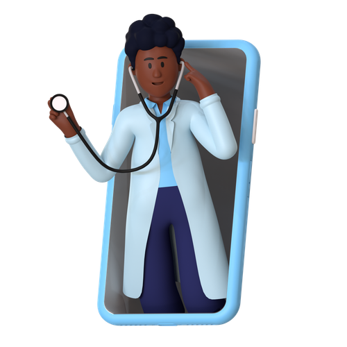 A cartoon doctor in a white coat using a stethoscope while emerging from a smartphone screen.
