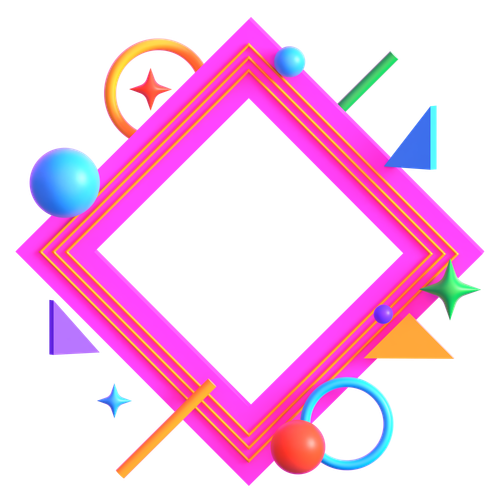 Bright pink geometric design with neon accents, spheres, stars, and abstract shapes.