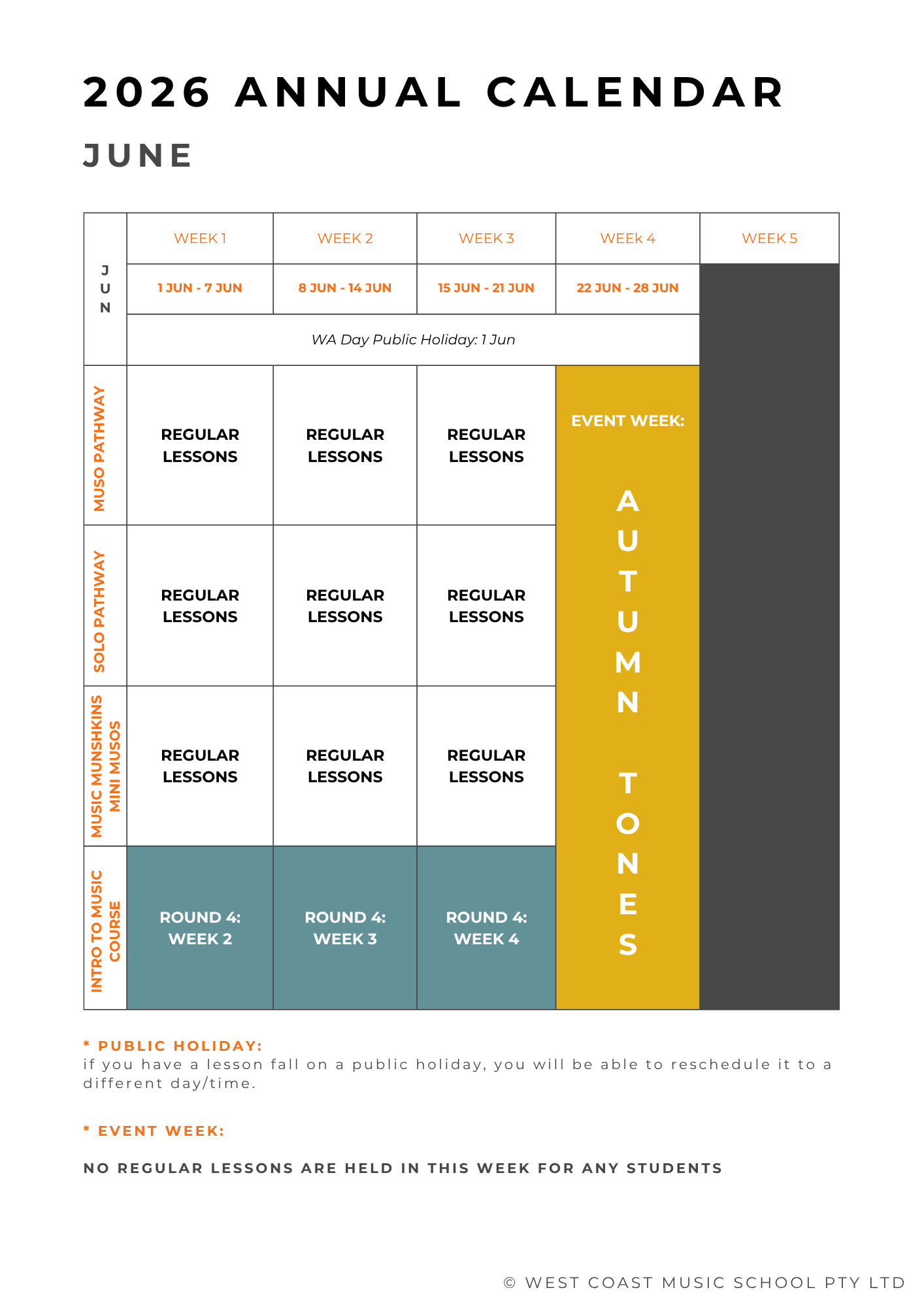 June 2026 music school calendar displaying weekly lessons and workshops, including regular lessons for different pathways, Muso Workshop Week, and a music course with four rounds in June.