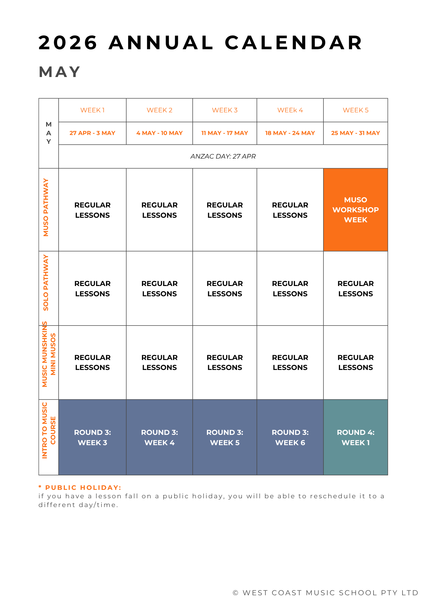 2026 Annual Calendar for May, showing weekly classes and an event week for music lessons at West Coast Music School.