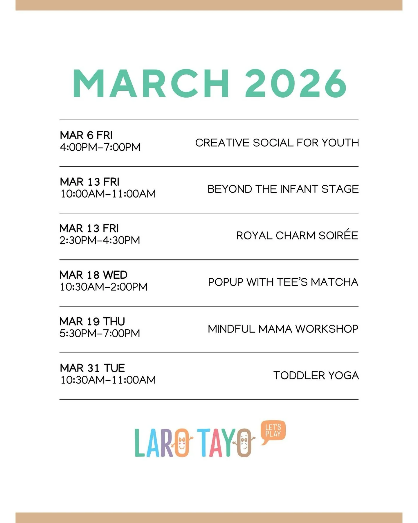 Ready, set, march forward to spring with pampering sessions on Mondays, a workshop intentionally curated for the teens in your family, an infant workshop for parents going through that phase, and a royal tea etiquette party for the littles!

Save the