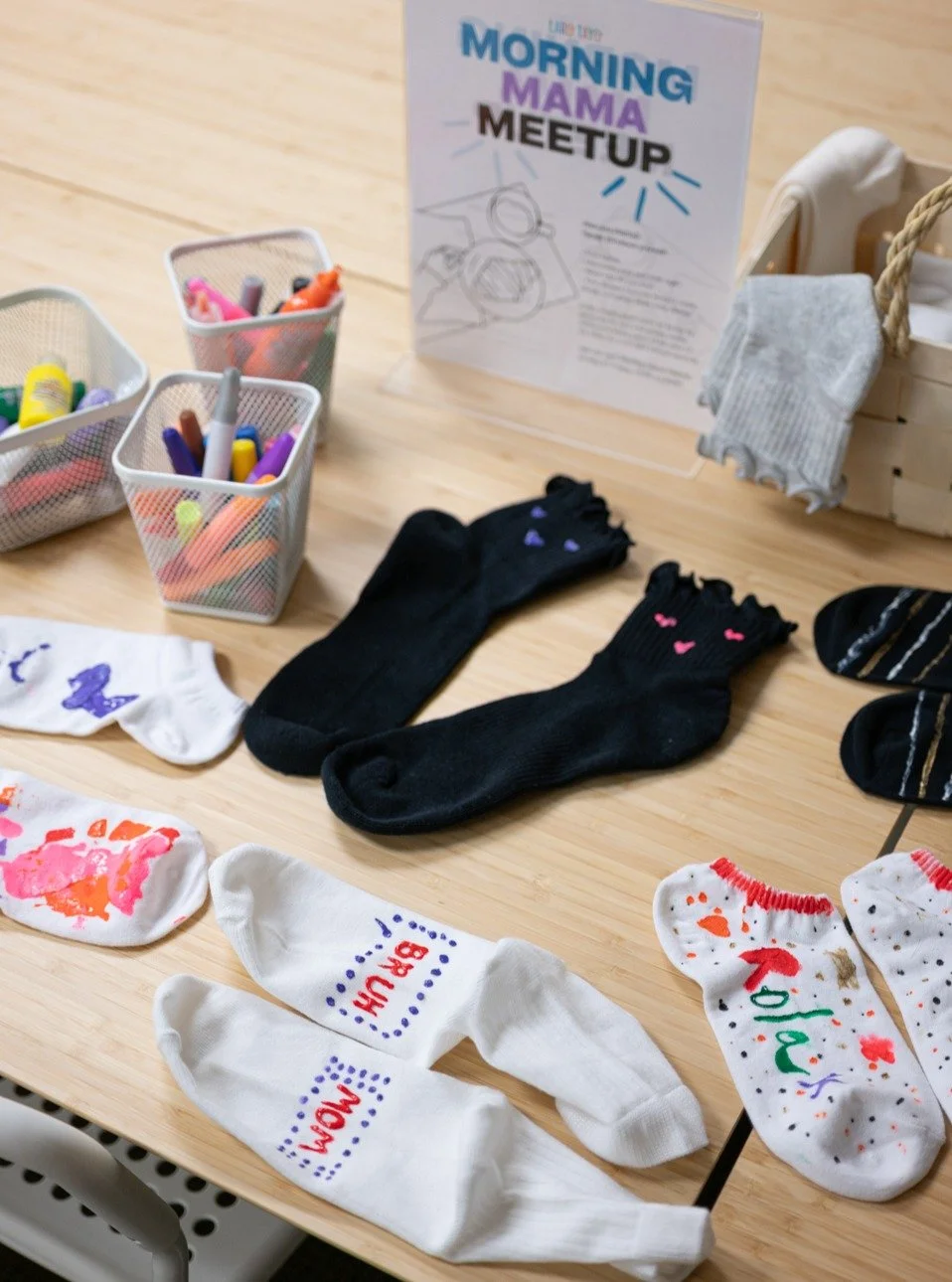Moms at our first Morning Mama Meetup decorated socks where they can add their own "grippy" designs with puffy paint or just have fun with them!

Some Mamas even brought some treats to share like pizza rolls and banana bread matcha. Gratefu