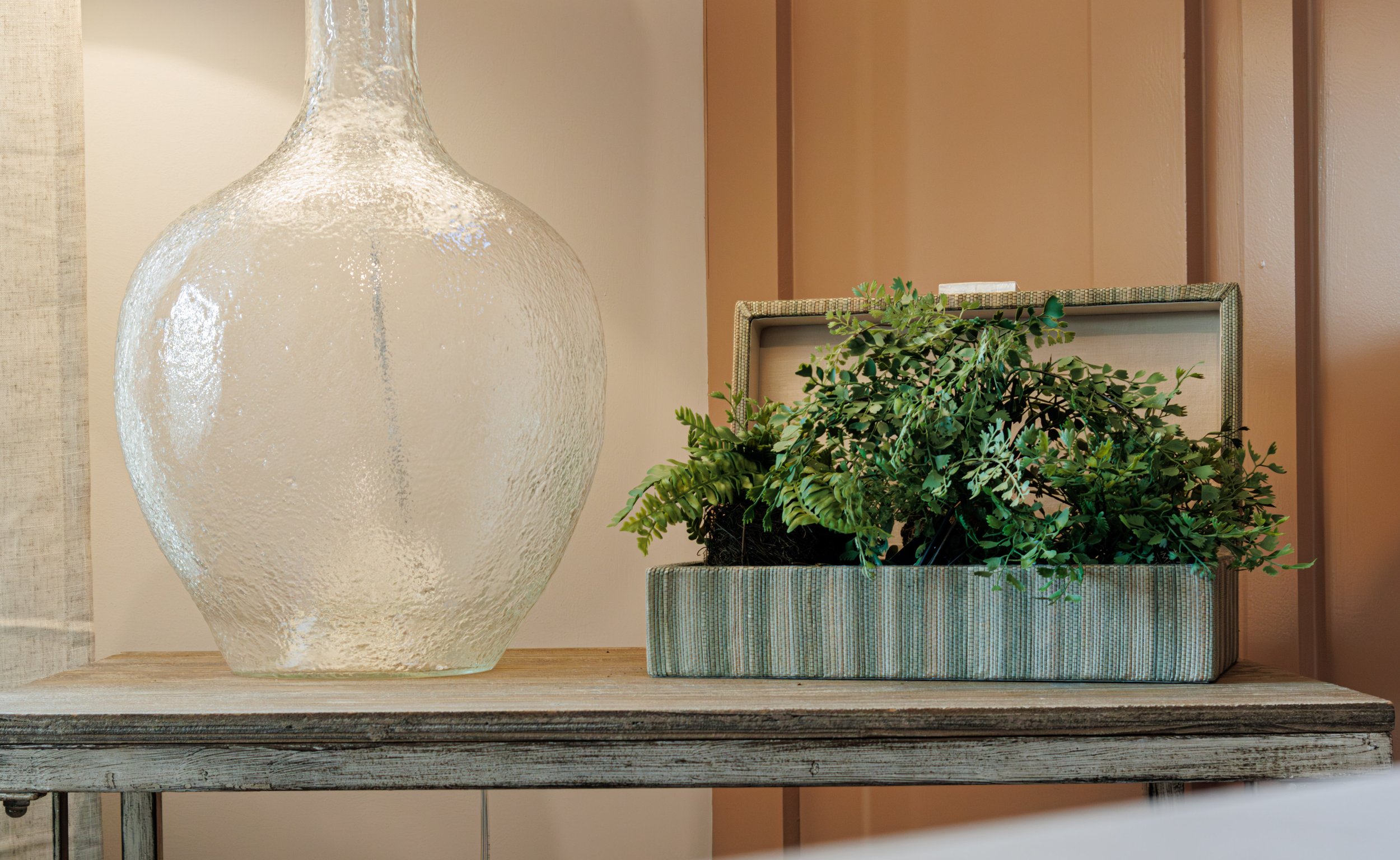 Glass vase and potted plant on wooden table