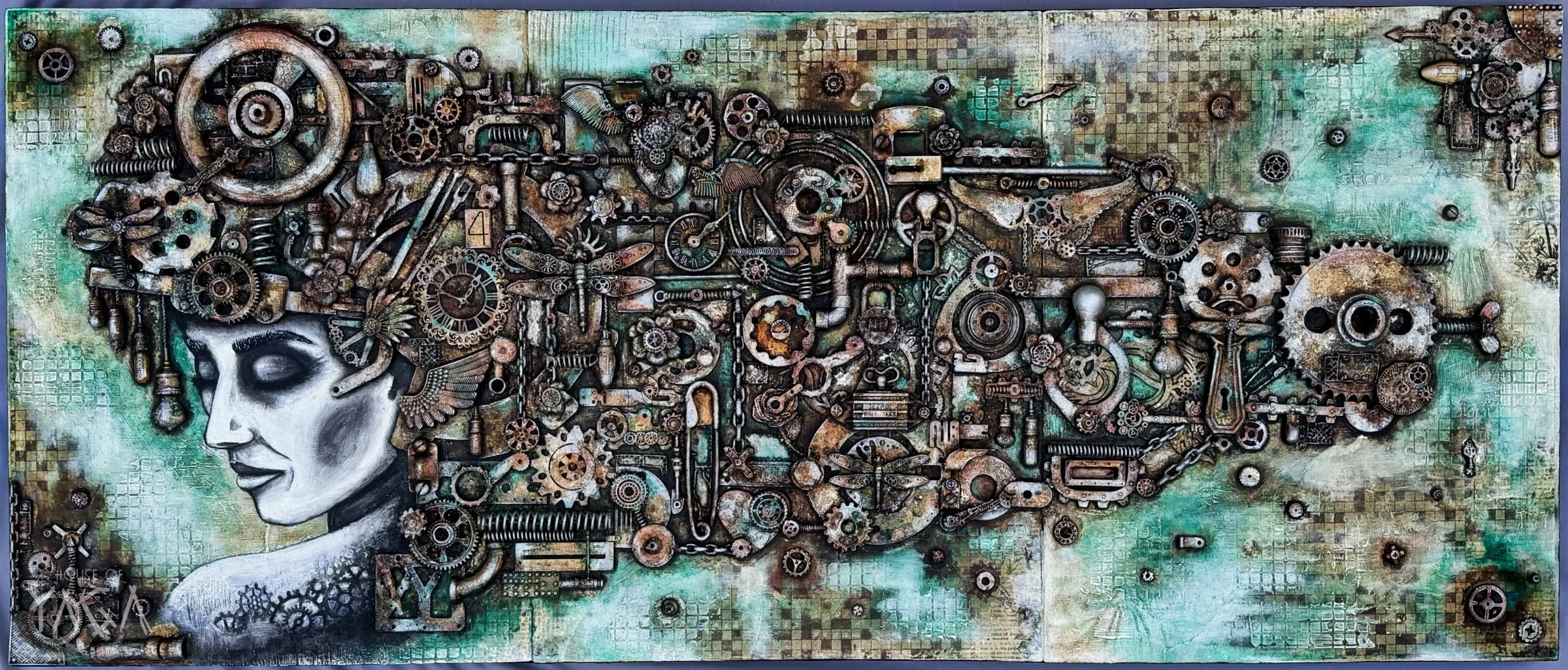 "DEUS EX MACHINA", 2026, 20X47.5 IN, MIXED MEDIA ON RECLAIMED WOOD PANELS