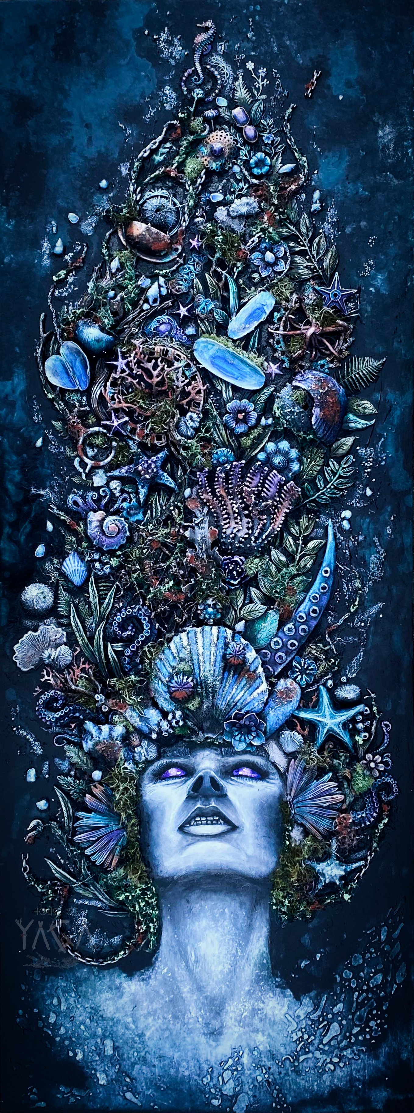 "ANGELINA, UNDROWNED", 2025, 18X48 IN, MIXED MEDIA ON WOOD PANEL