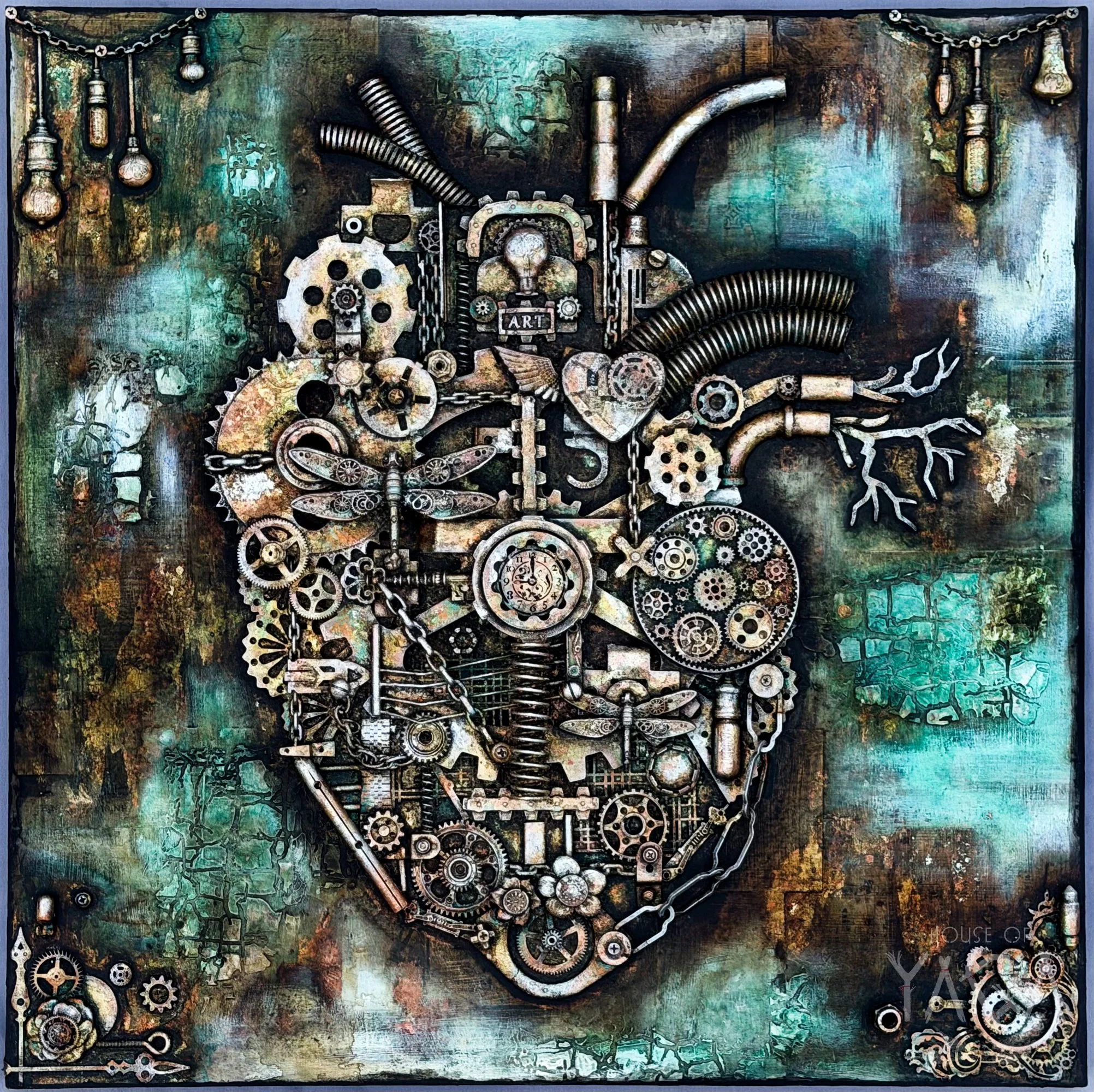 "My Heart is a Chainsaw", 2026, mixed media on 24x24 in wood panel