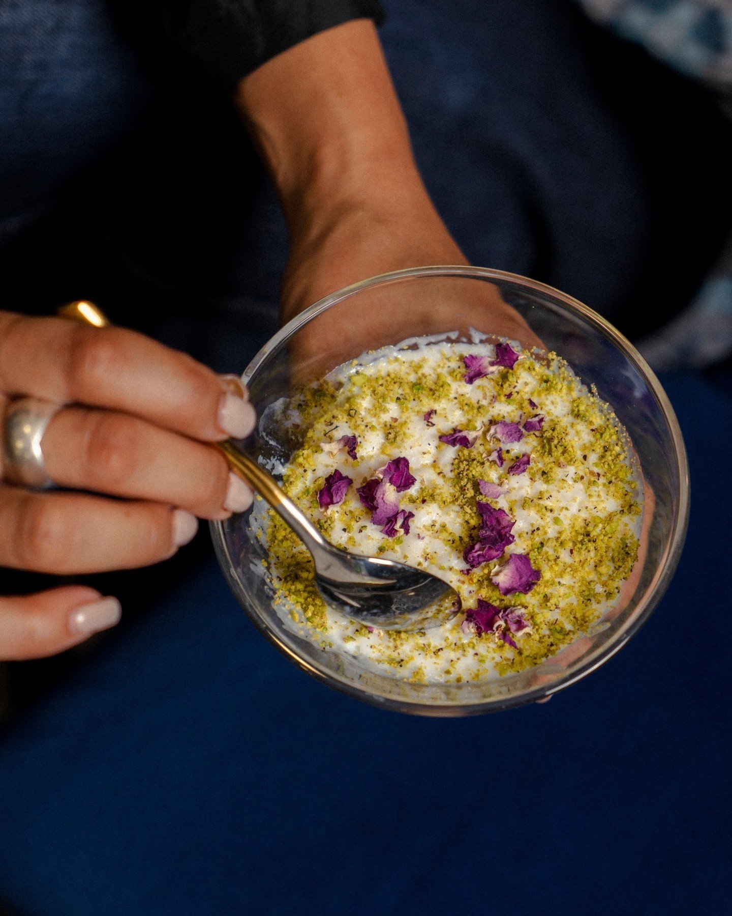 Have you ever tried Mazaj traditional Rice Pudding? Combined with milk, sugar, rosewater, orange blossom and served with pistachio &amp; rose petals. 🌹