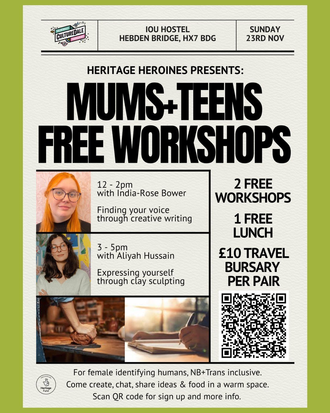 WHAT'S ON....
Heritage Heroines: Mums and Teens Workshop Day 
IOU Hostel, Hebden Bridge @iouhebdenbridgehostel
Sunday 23rd November, 12 - 5pm
Free workshops and lunch
&pound;10 travel bursary available per pair

For female identifying humans, non bin