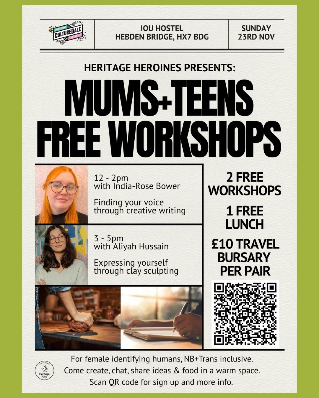 WHAT'S ON....
Heritage Heroines: Mums and Teens Workshop Day 
IOU Hostel, Hebden Bridge @iouhebdenbridgehostel
Sunday 23rd November, 12 - 5pm
Free workshops and lunch
&pound;10 travel bursary available per pair

For female identifying humans, non bin