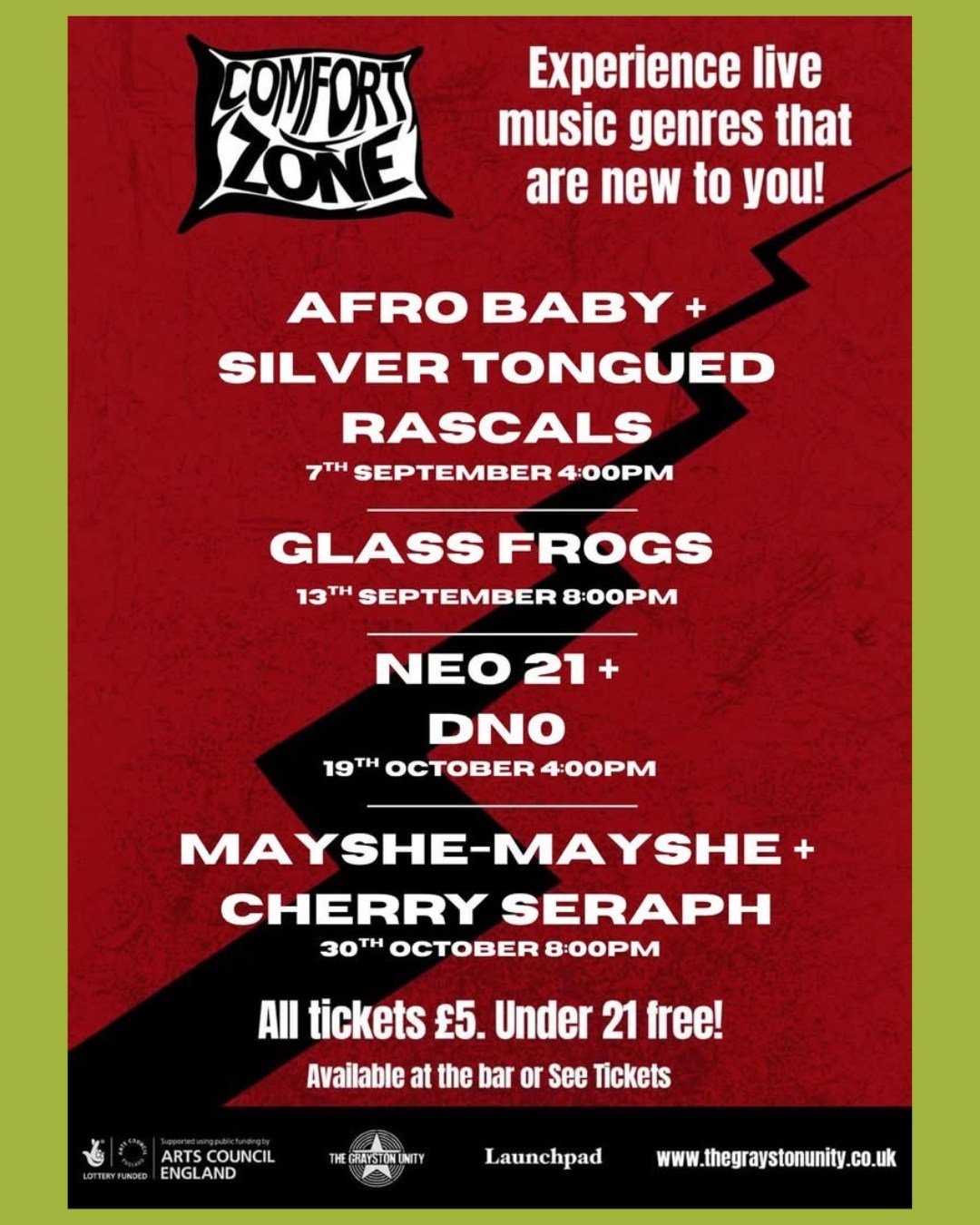 WHAT'S ON: Comfort Zone Gigs at @graystonunity

Tickets &pound;5 or FREE for under 21s!

The Grayston Unity's new Comfort Zone gigs cover a broad range of music genres. They're designed to help young people to experience and be inspired by seeing liv