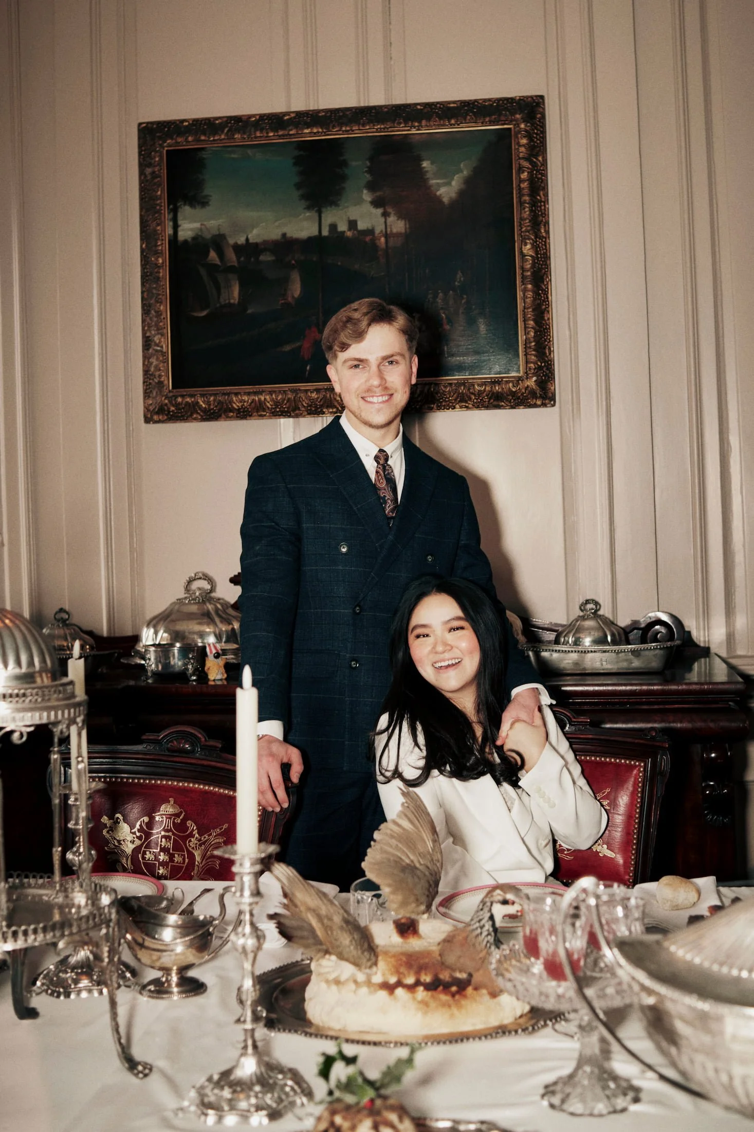 Bride and groom at historical dining space