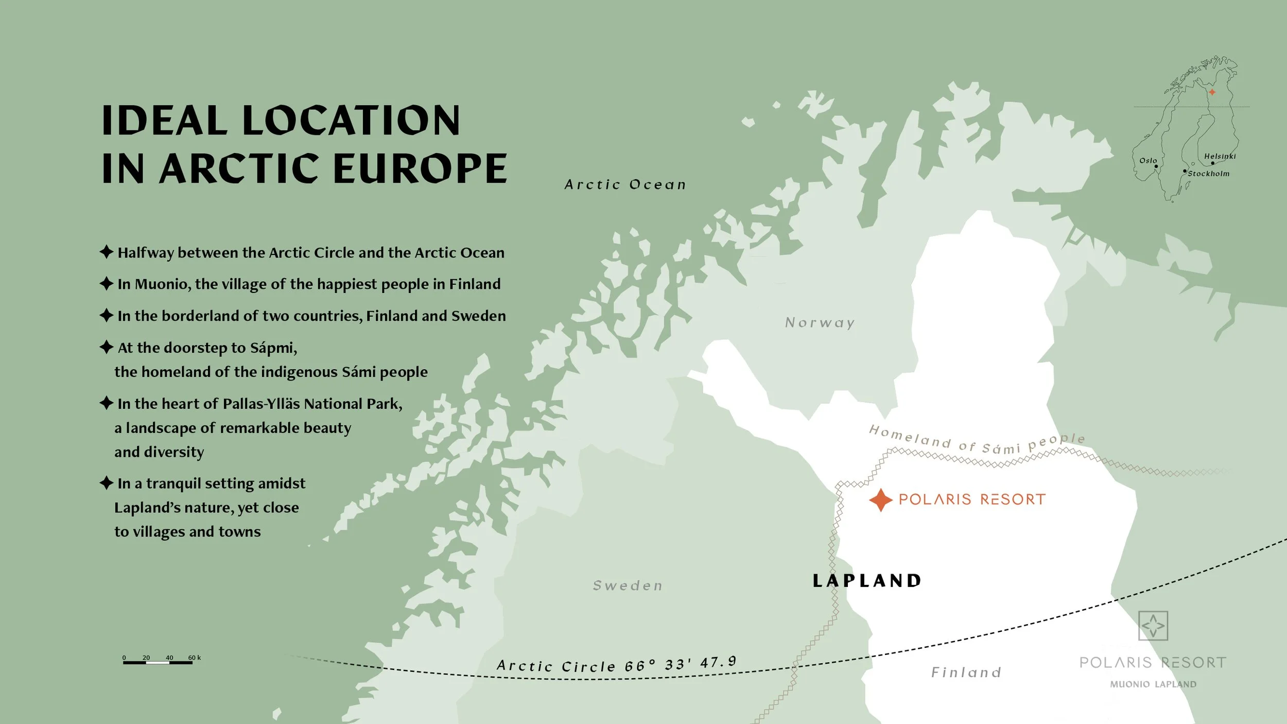 Map of Arctic Europe highlighting Lapland, with Polaris Resort marked. Text describing the ideal location in Arctic Europe, including information about its proximity to the Arctic Circle and surrounding countries.