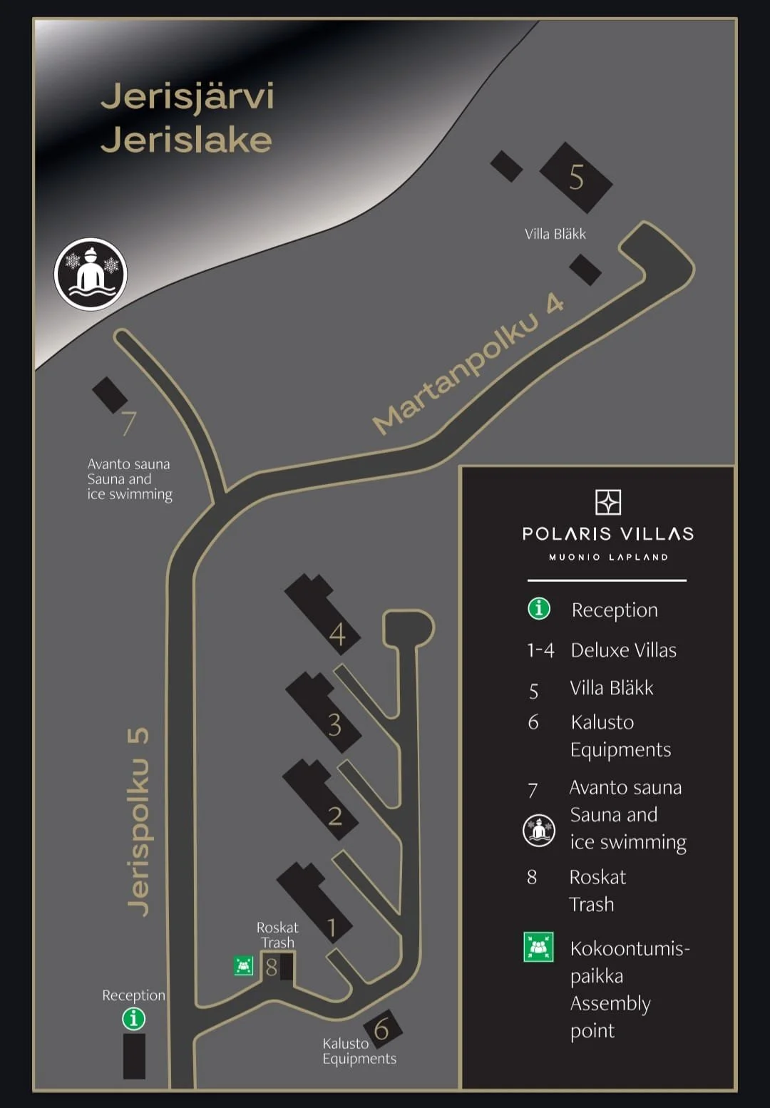Map of Polaris Villas in Muonio Lapland showing location of deluxe villas, Villa Bläck, Kalusto equipment, sauna and ice swimming area, trash disposal, and assembly point.