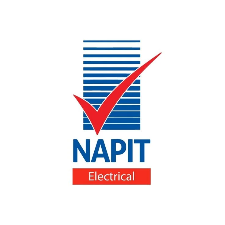 Logo for NAPIT Electrical featuring a red checkmark, blue horizontal lines, and the text 'NAPIT Electrical' in blue and red.