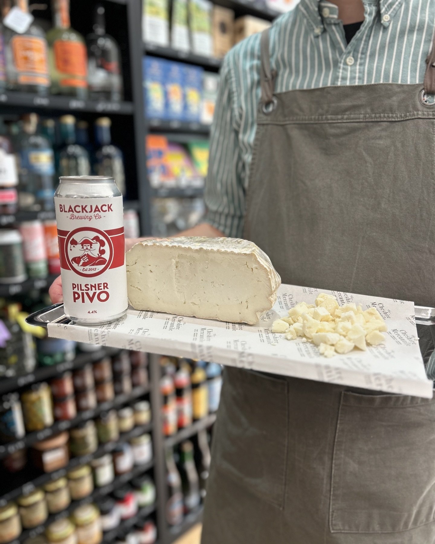 Saturday Sampling! Have you tried Ticklemore? It&rsquo;s a delicious goat&rsquo;s cheese made in Devon by @sharphamcheese. Nothing more spring-like on a sunny day than a nice wedge of Ticklemore washed down with a great Pilsner Pivo from @blackjackbe
