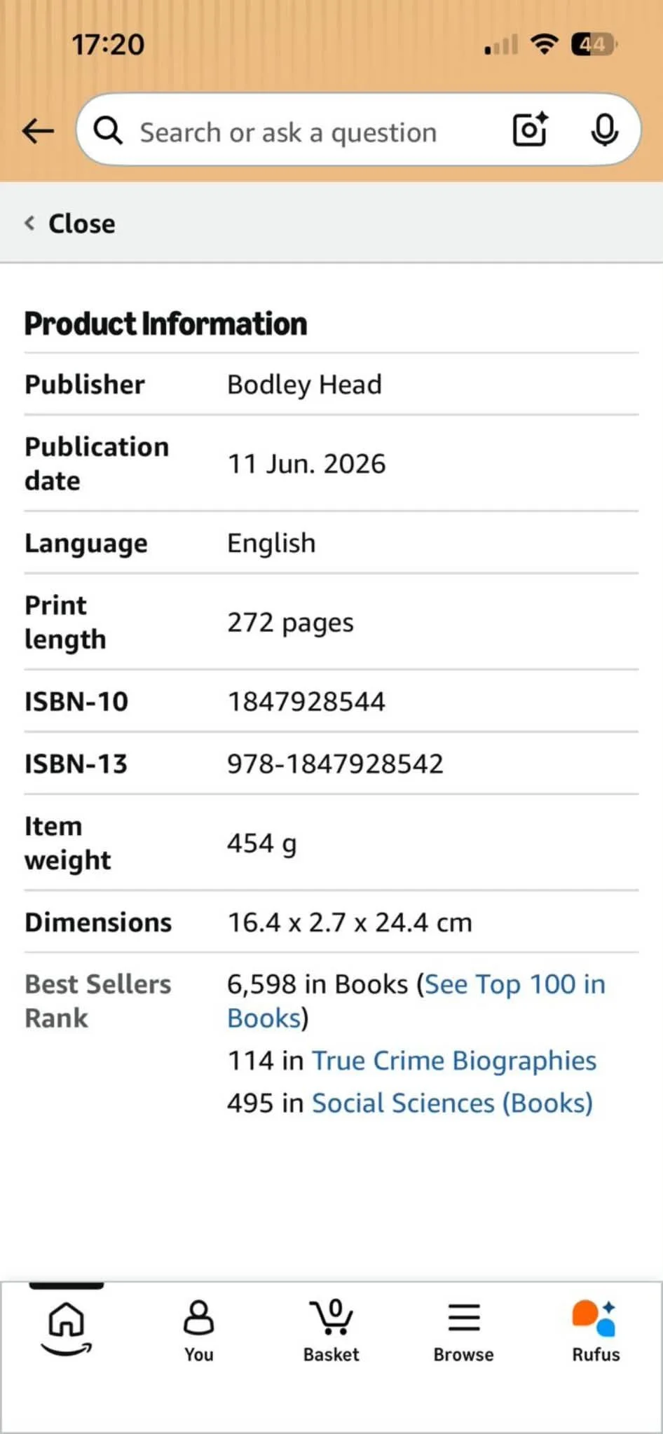 Screenshot of the rank of the book on Amazon UK
