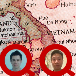 Photograph of both Tran Van Chung and Nguyen Viet Dung inside large graphic magnifying glasses with a backdrop of a map of Vietnam