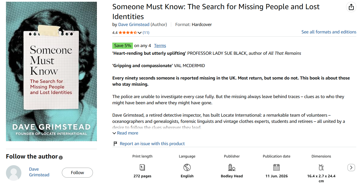 Image of Amazon product page for the book Somone Must Know by Dave Grimstead