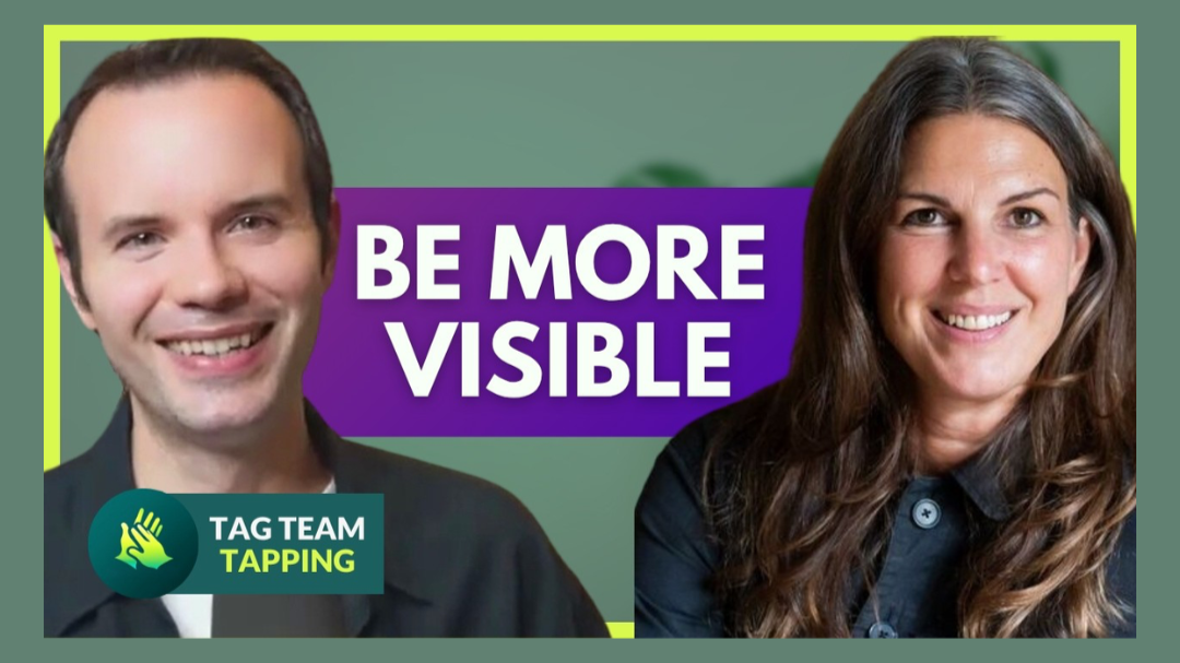 A promotional image with a man and woman smiling. The text on the image says, 'Be More Visible.' There is a green circular icon with a hand and text saying, 'Tag Team Tapping.' The background is green with a purple rectangle behind the main text.