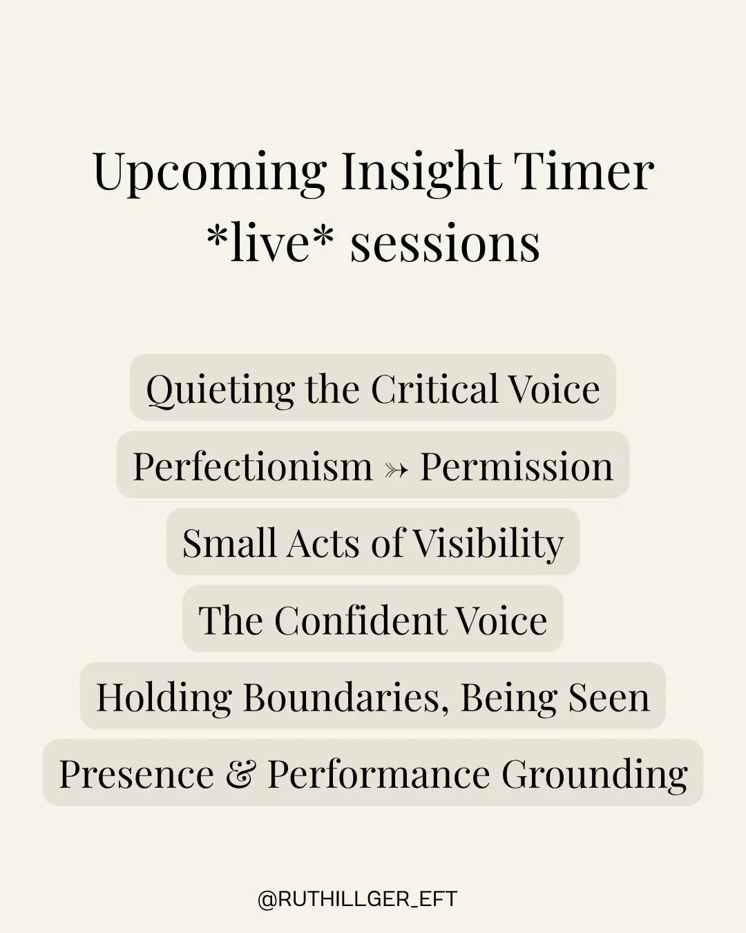 &gt; Join me for these short and punchy tapping sessions, live on the Insight Timer app. They're free, fun and worth it.

&clubs;️ Quieting the Critical Voice: Guided EFT Tapping
Thu Oct 23 - 6:00 pm

&clubs;️ Perfectionism &rarr; Permission: Guided 