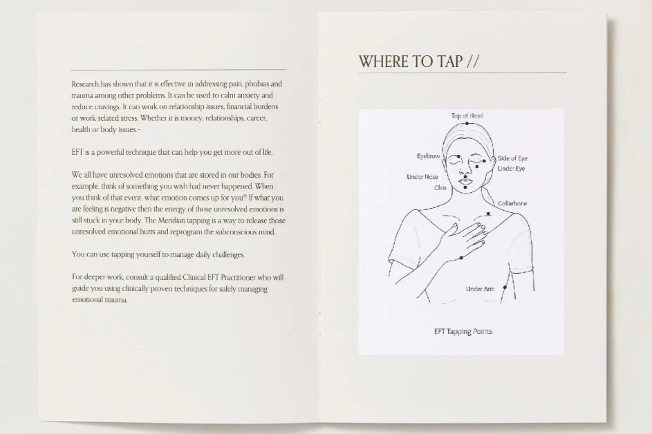 Diagram of a person showing EFT tapping points on the face, arm, and body, with labels indicating locations such as eyebrow, side of eye, under eye, under arm, collarbone, chin, and nose.