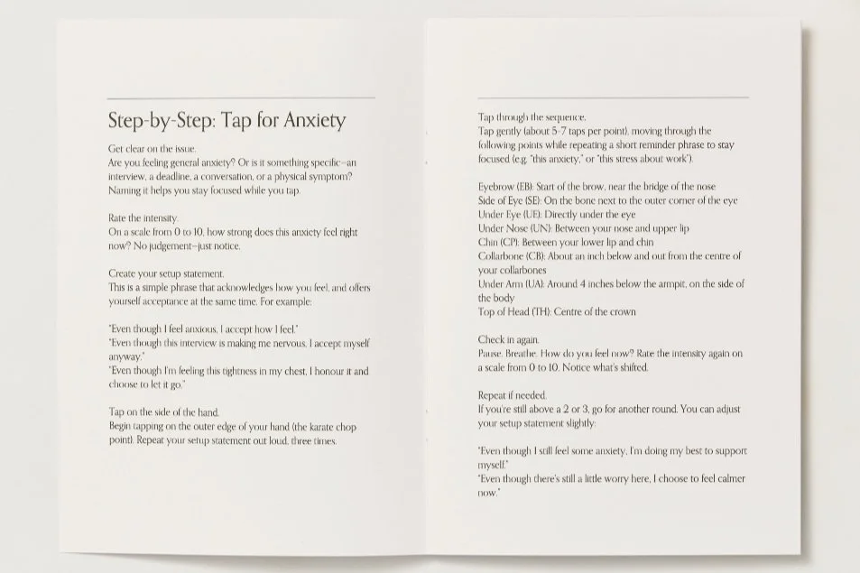 A two-page instructional guide titled 'Step-by-Step: Tap for Anxiety' with steps and phrases to help manage anxiety through tapping exercises.