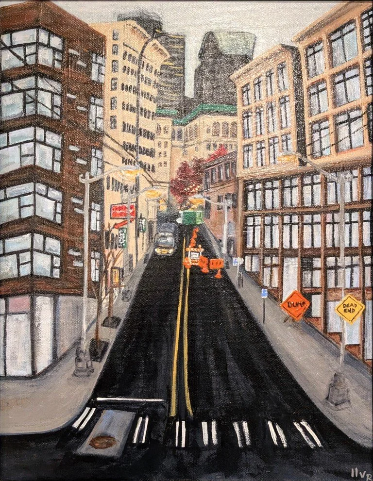 A painting of a city street in Seattle, WA with buildings on both sides, a closed road with construction signs, cones, and a car, with a crosswalk in the foreground.