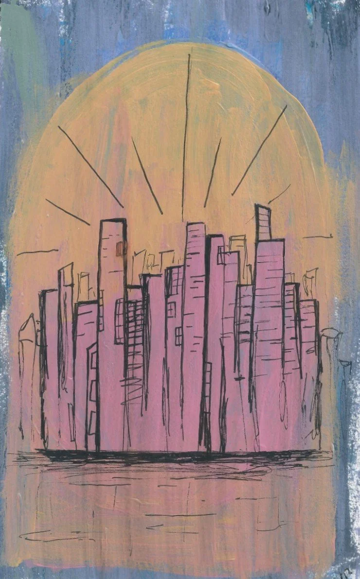 A colorful abstract painting of a city skyline with skyscrapers in pink hues and a large yellow sun or moon behind the buildings, with radiating lines indicating sunlight or moonlight.
