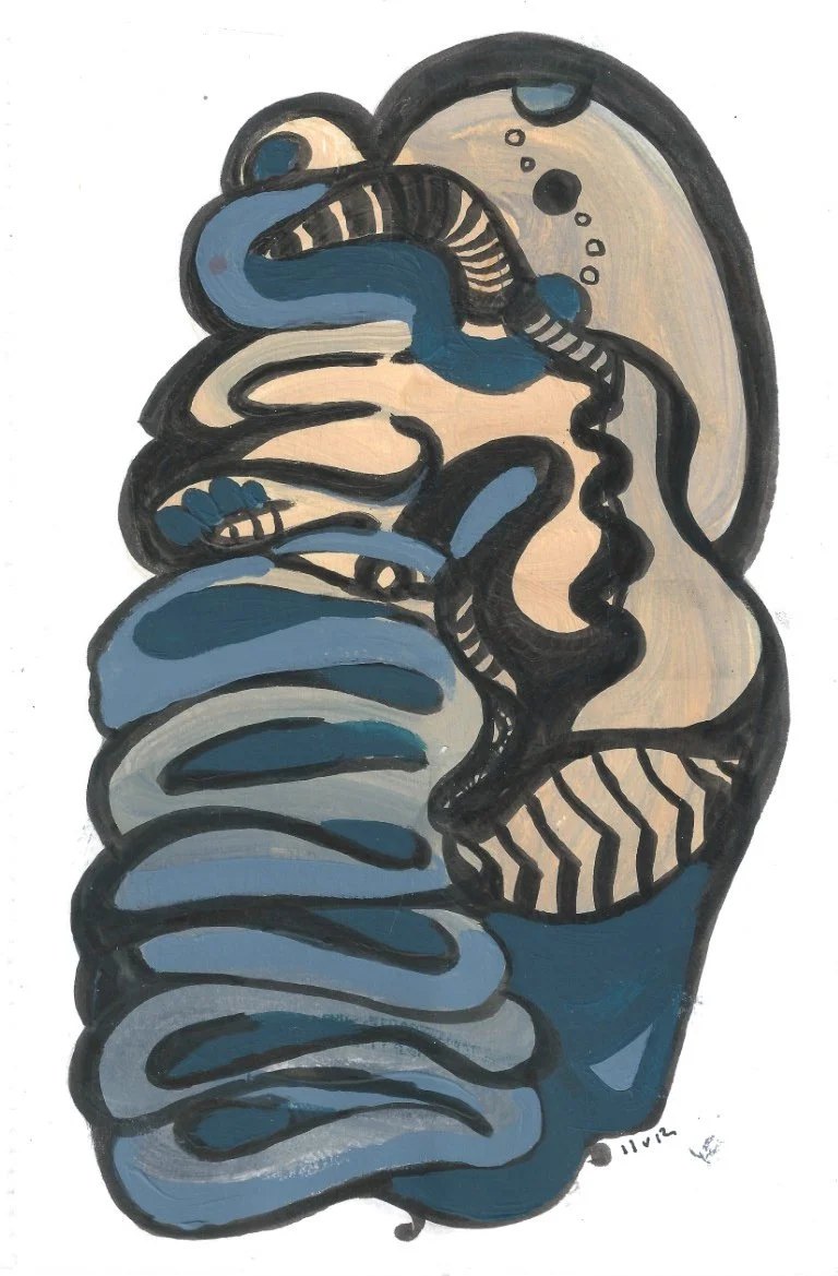Abstract painting with swirling black lines, beige and blue colors, and shapes resembling a face and body.