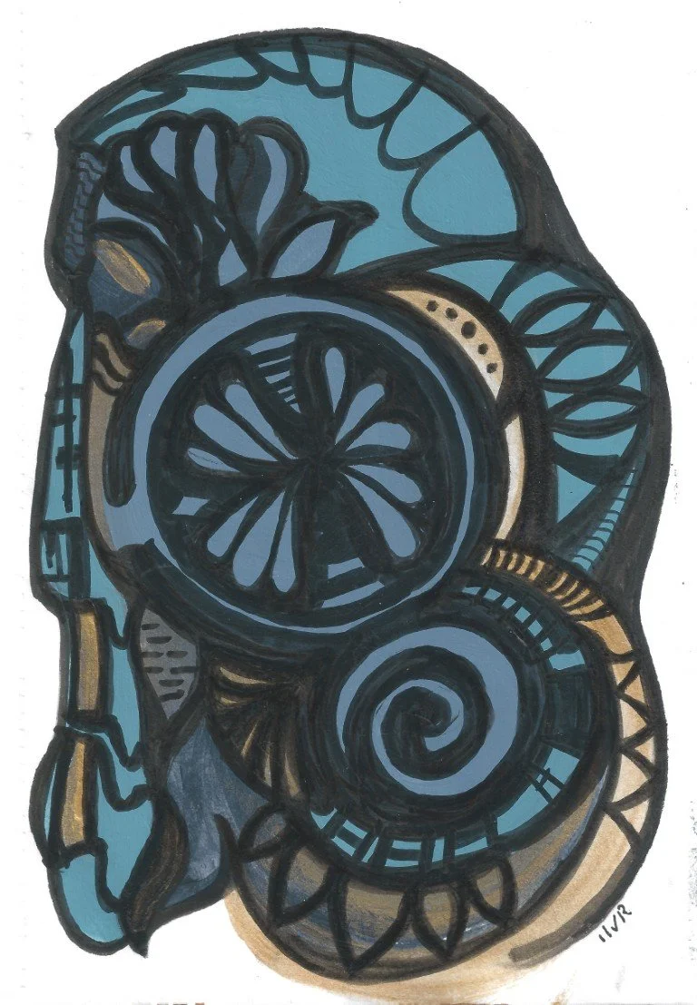 Abstract drawing of a seahorse with intricate patterns and shapes in shades of blue, black, and beige.