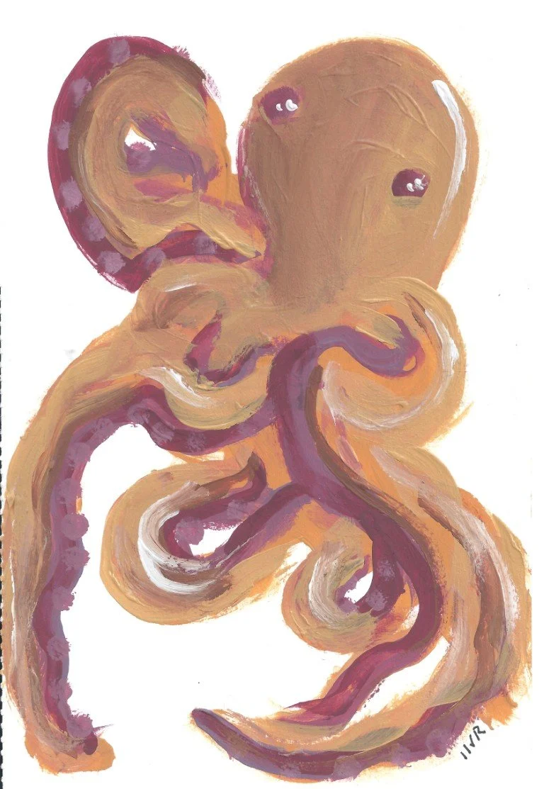 A colorful abstract painting of an octopus with large eyes and tentacles curling in various directions.