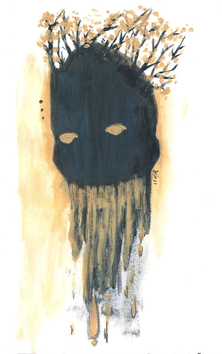 A dark face painted on wood, with leaves and branches resembling hair, in an abstract art style.