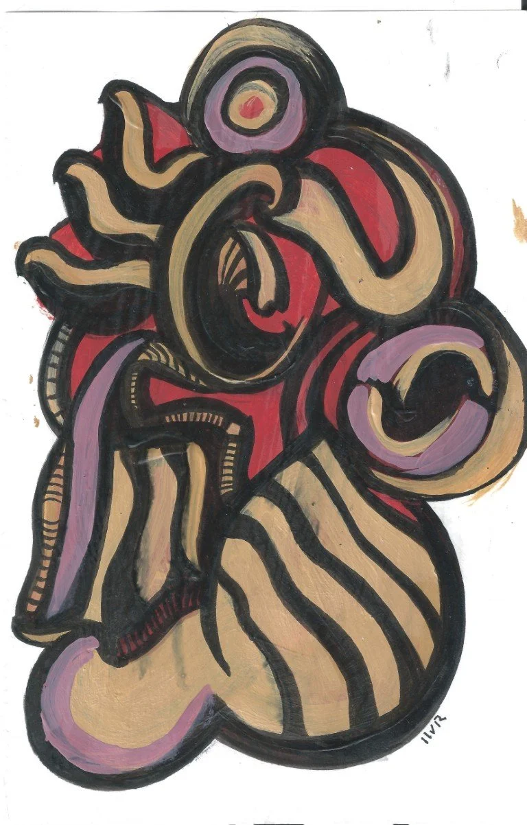 Abstract art of a creature with flowing lines, primarily in black, beige, red, and purple colors.