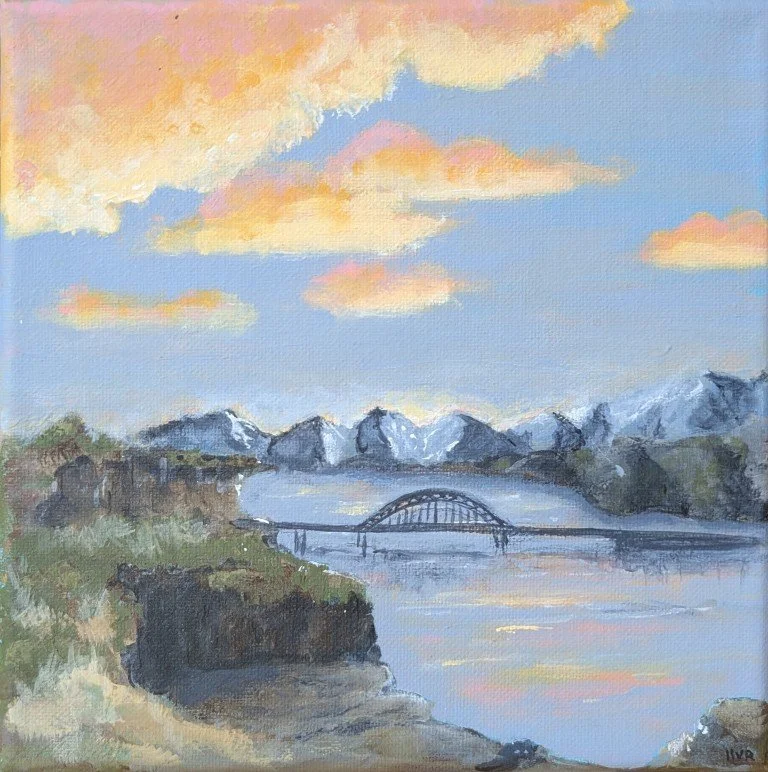 A landscape painting of a river with a bridge, mountains in the background, and a colorful sky with clouds during sunset.
