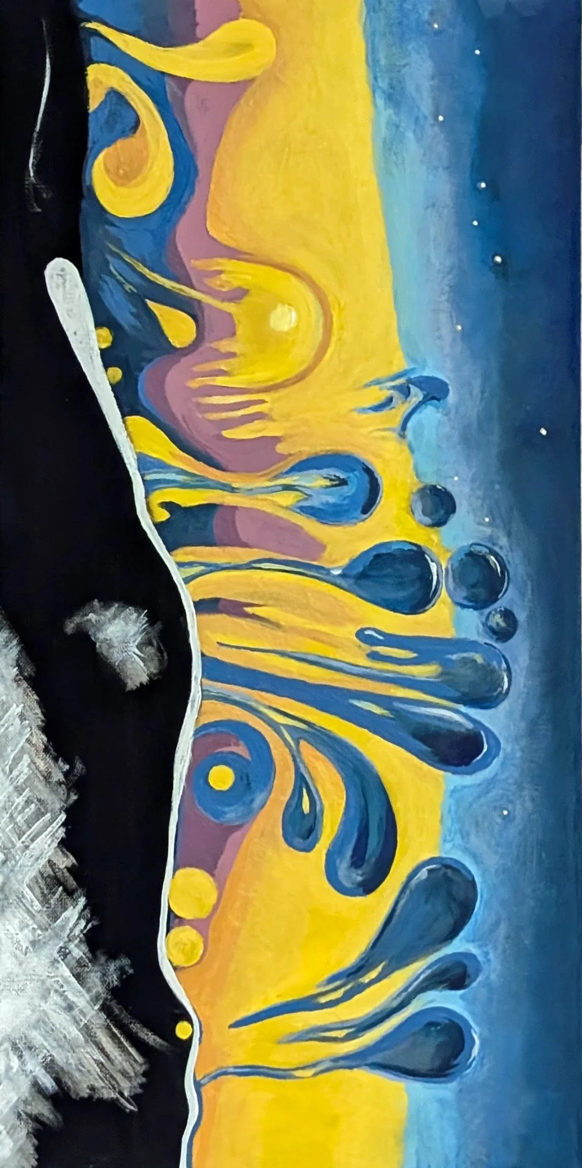 Abstract painting with flowing yellow and blue shapes, a black curved section on the left with white and gray accents, and a background with gradient blue and purple tones, dotted with small white circles.