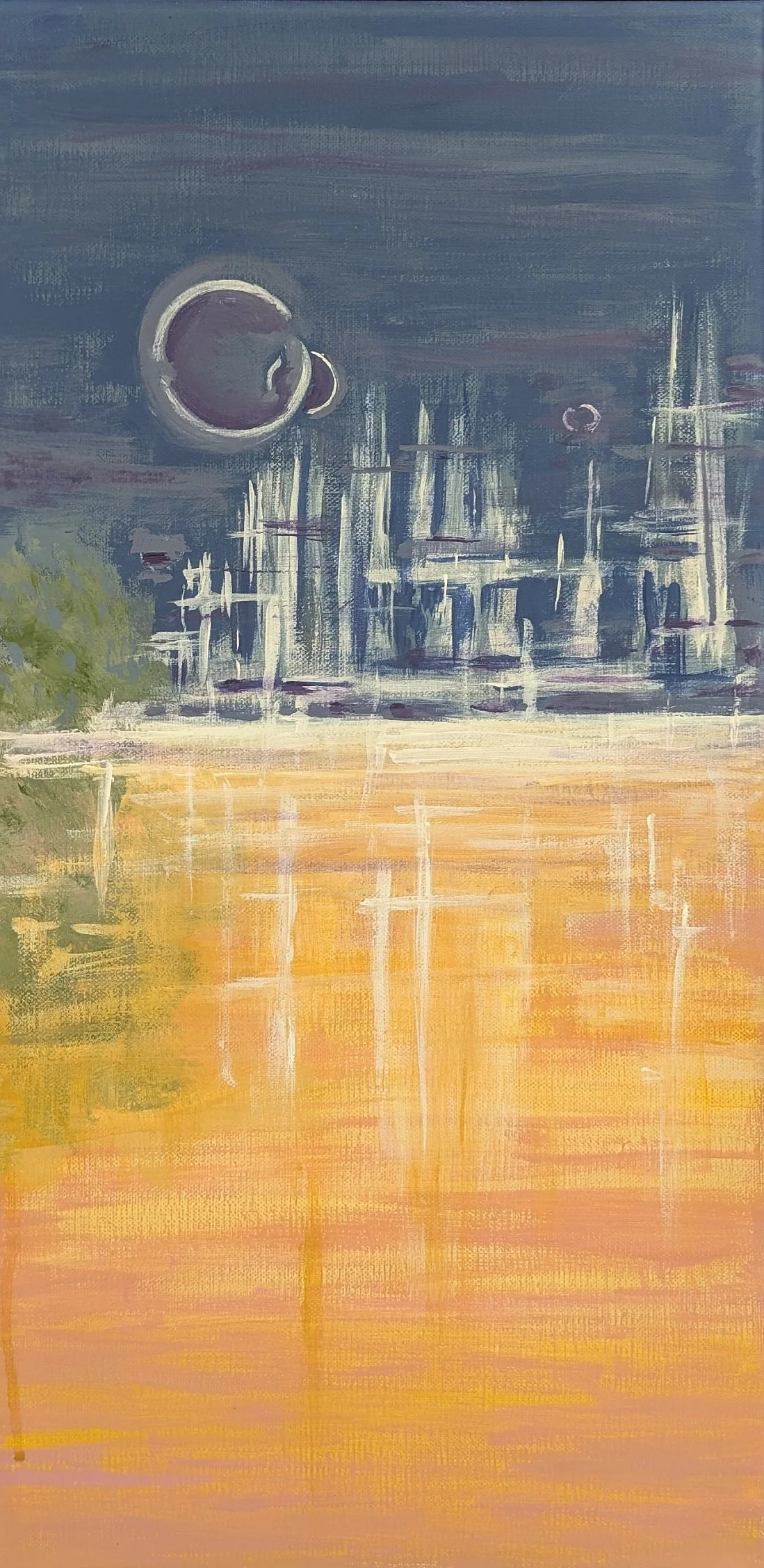 Painting of a city skyline with a dark blue sky, moon, and clouds, reflected on a yellow and orange body of water, with faint trees in the foreground.