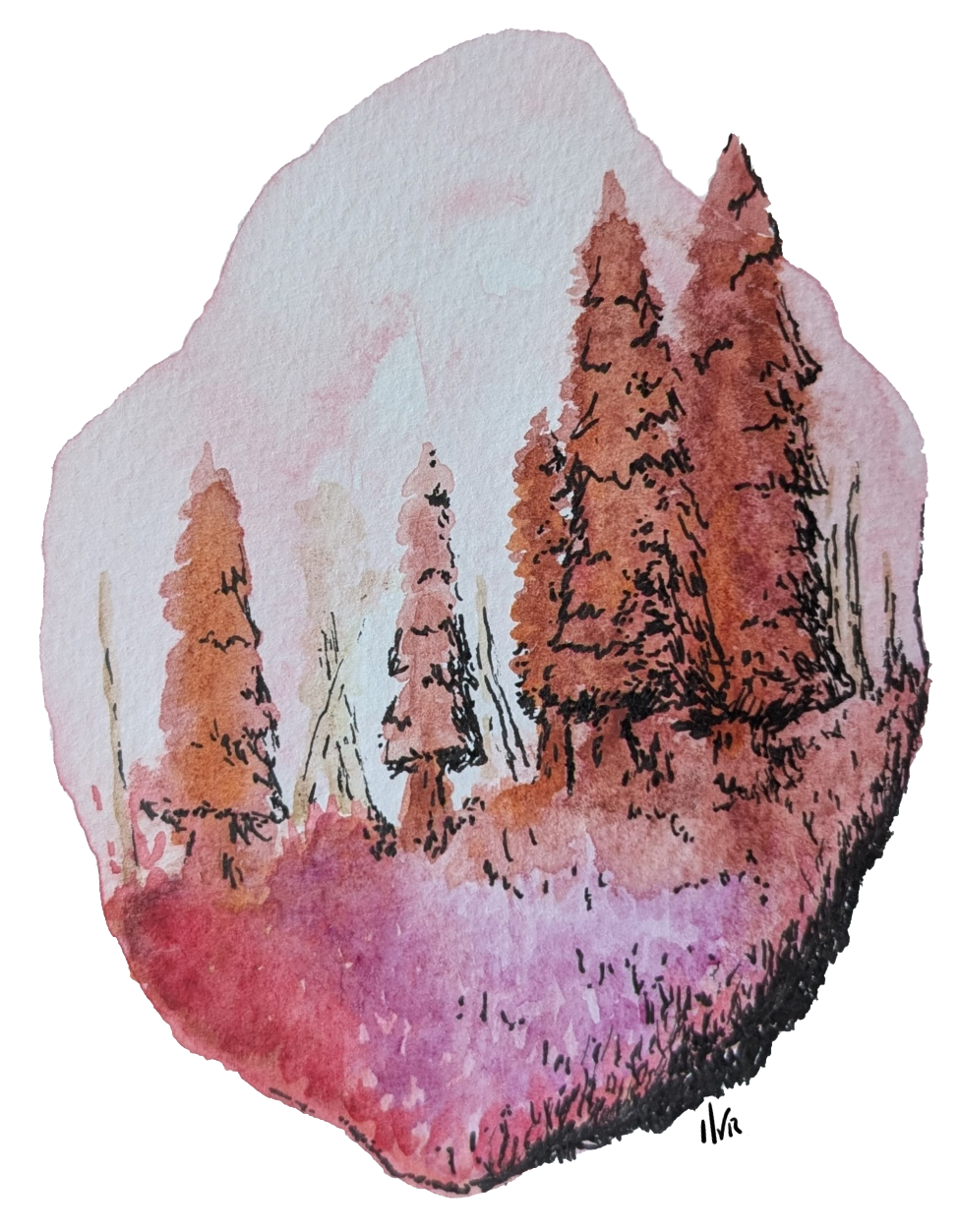 Watercolor painting of a mountain landscape with tall pine trees in shades of pink, red, and brown, and a pinkish sky in the background.