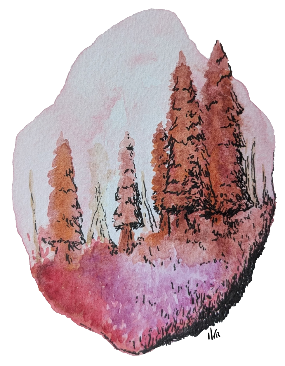 Watercolor painting of a field with pine trees ranging from pink to orange to red.