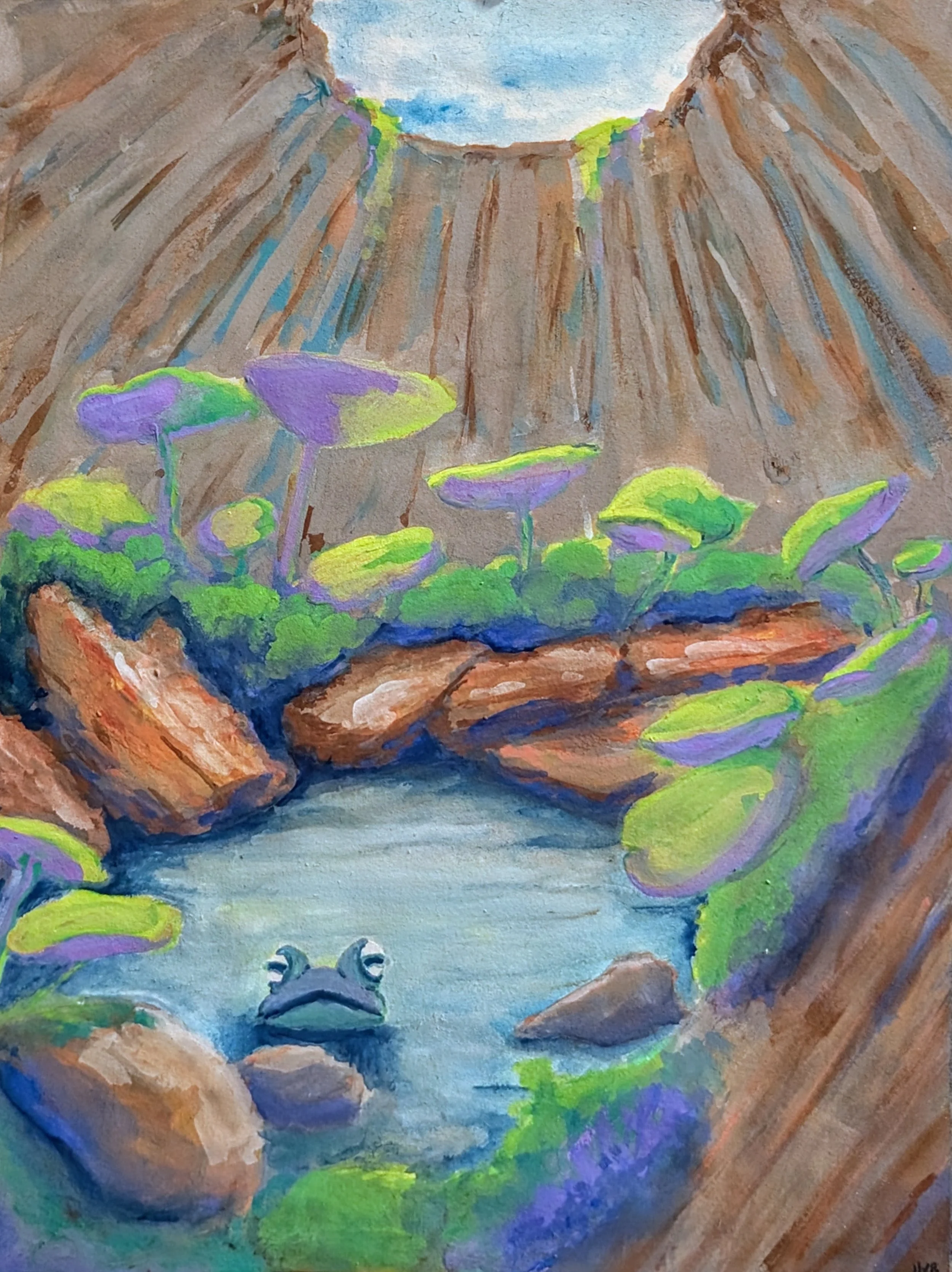 Green, blue, and a soft orange background to contrast against the blueberry bushes