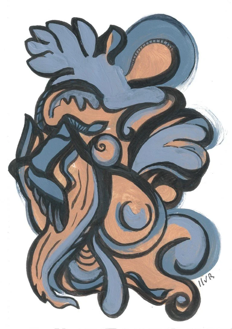 Abstract painting inspired by a peacock with blue, black, and beige tones.