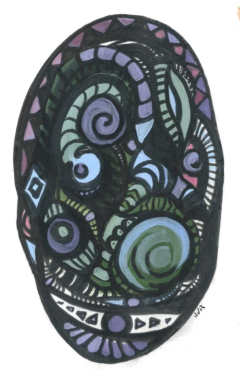 Abstract black oval shape filled with colorful swirling and geometric patterns in purple, green, blue, and pink.