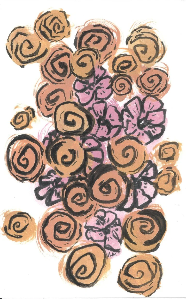 Abstract floral scene with pink flowers and tan and black spiral-shaped petals or leaves.